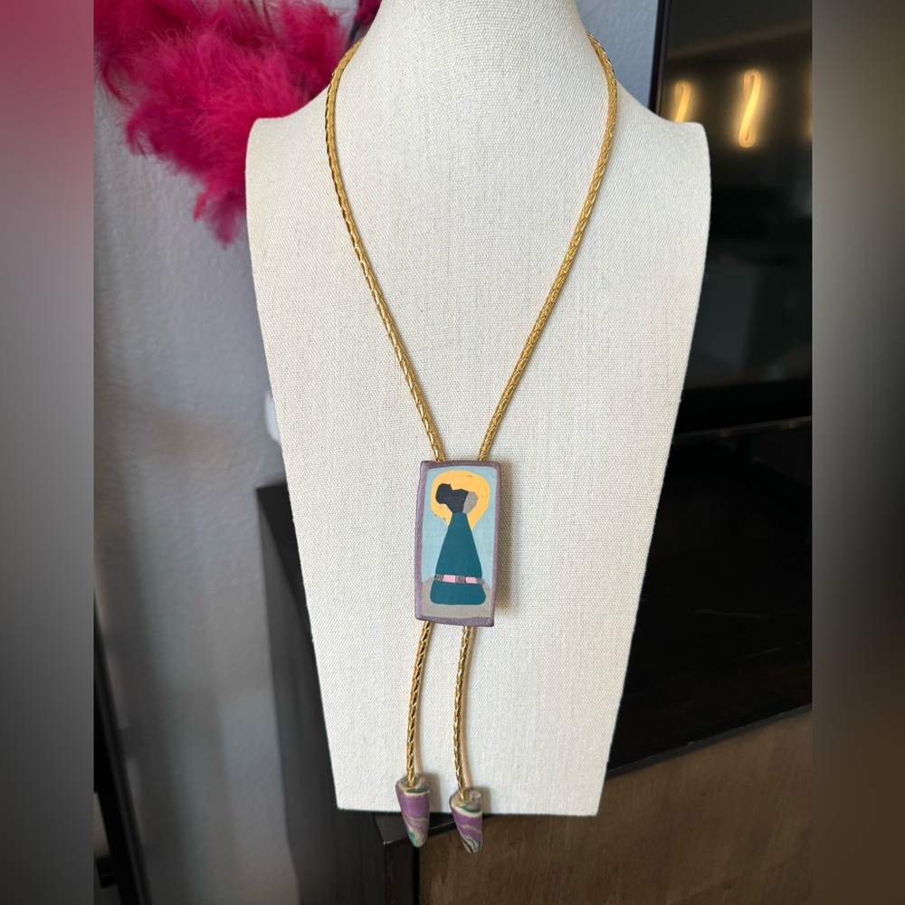 Vintage Artisan Painted Clay Bolo Tie Necklace - Picture 7 of 9